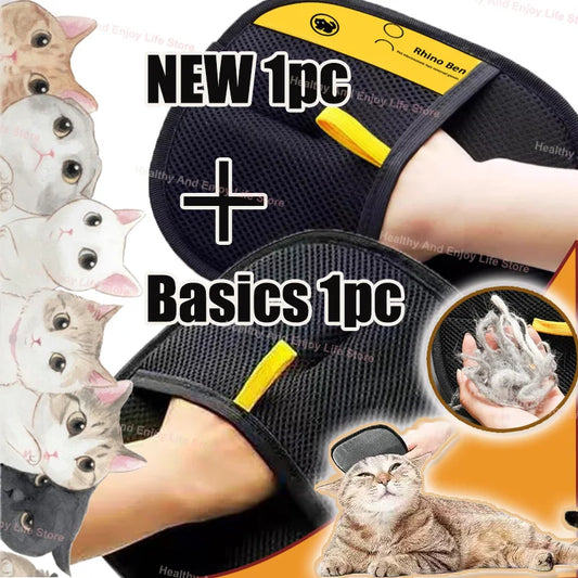 Gants ramasse-poils modèles Confort et Essentiel, avec amas de poils de chat